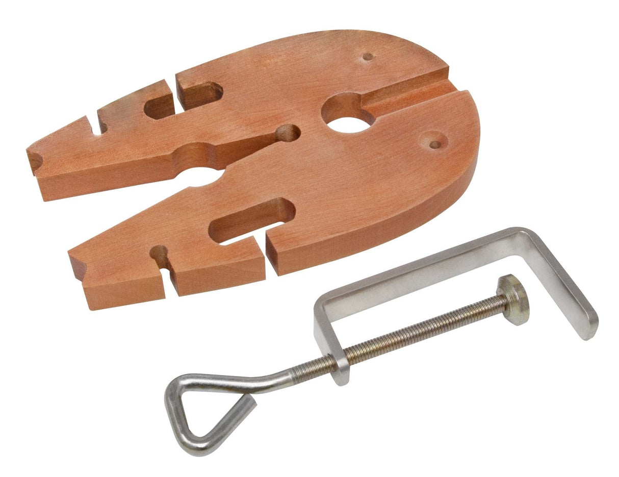 Advanced Bench C-Clamp with wooden bench pin and metal C-clamp for secure workbench mounting and precise sawing in metal, wood, and plastic projects.