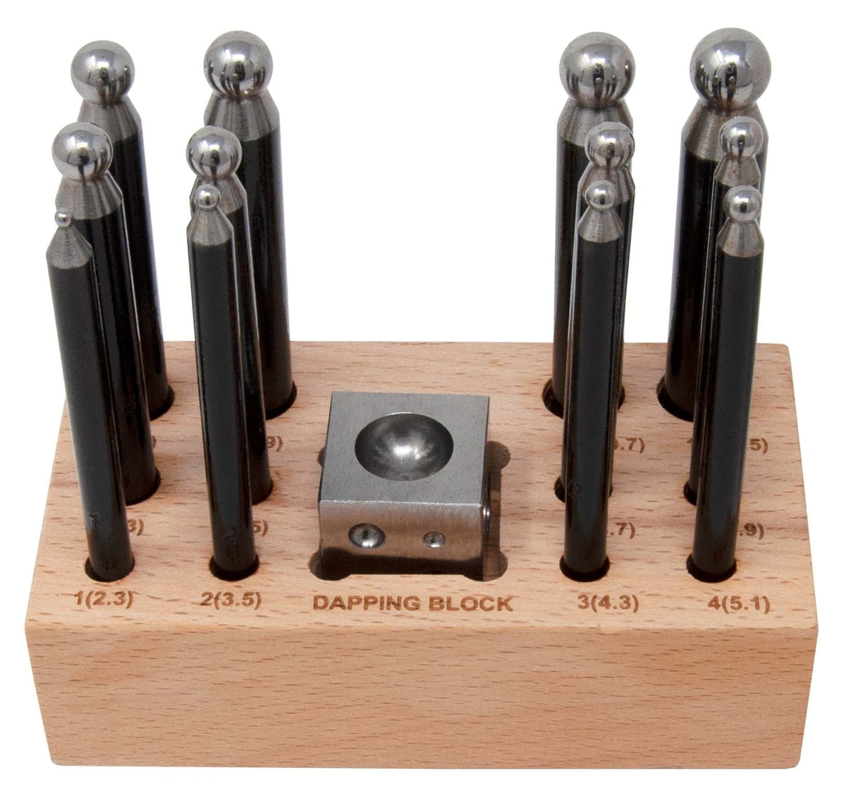Dapping Set of 13 Pieces with heavy-duty carbon steel punches and 1-inch wooden doming block in labeled storage stand
