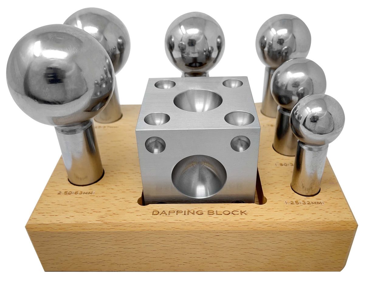 Dapping Set of 7 Pieces steel doming tools with wooden block for jewelry making and metal shaping
