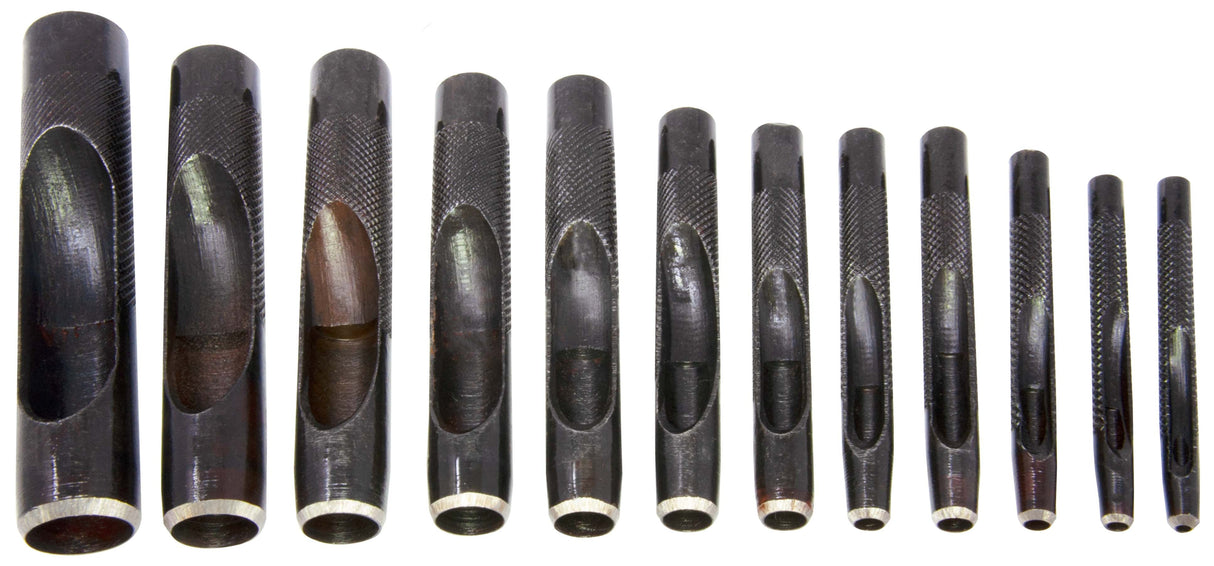 Hollow Punch Set of 12 with various sizes for precise hole punching in leather, plastic, rubber, and metal materials.