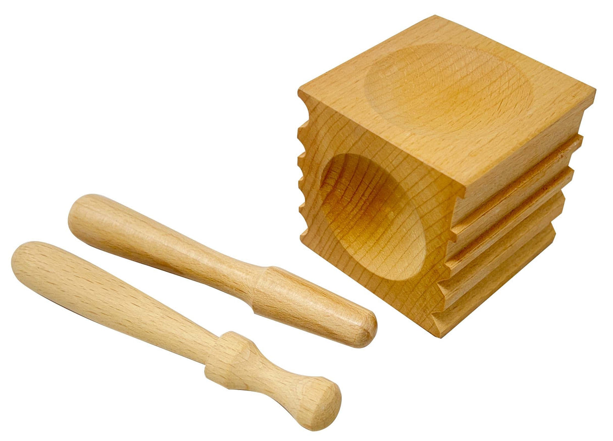 2.5 inch wooden doming block with two punches for metal shaping and jewelry making