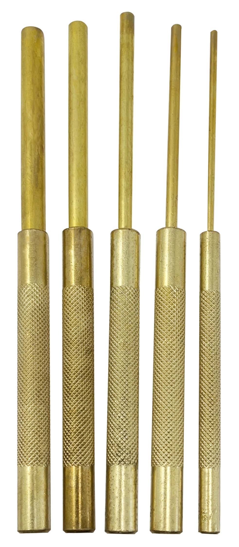 5 Piece 8" Long Drive Pin Punch Set in gold-toned brass, with five graduated shafts and knurled handles.
