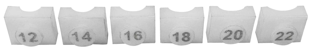U-Shaped Replacement Dies in silver-colored metal, a set of six blocks with curved U-shaped grooves and size markings from 12 to 22.