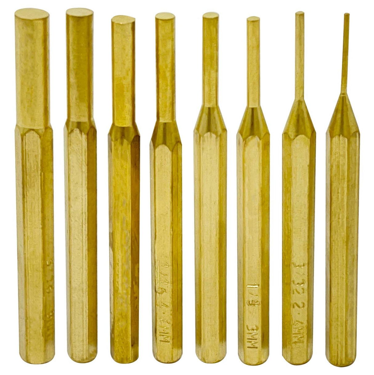 Brass Pin punch set of 4" includes 1/16th, 3/32", 1/8", 5/32", 3/16", 7/32", 1/4" and 5/16 by PMC Supplies