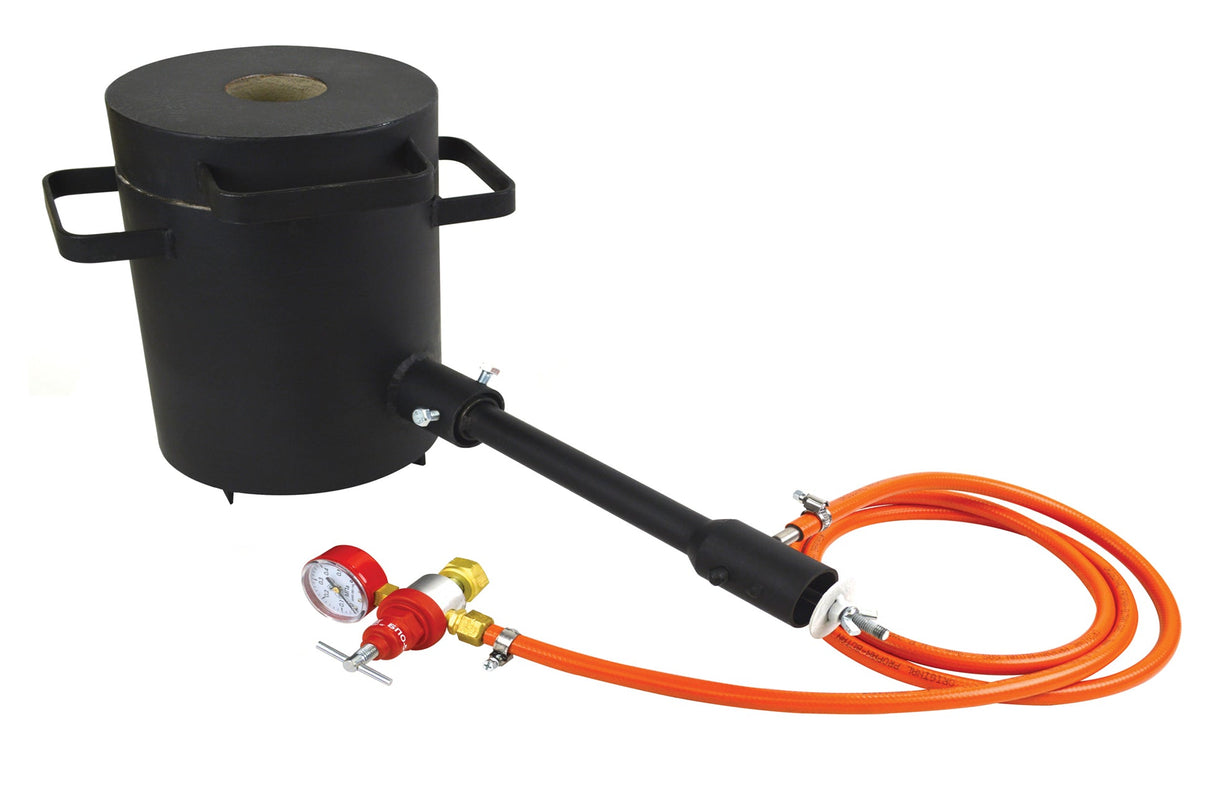 2 Kg propane metal melting foundry furnace with DFC burner and orange propane hose for small-scale metal casting