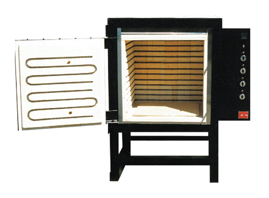 Vcella Kiln Model 80 with open door showing interior heating elements and control panel for precise temperature control in small studios and jewelry casting.