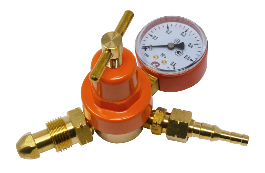 Propane melting furnace regulator with pressure gauge for U.S. propane bottles, precise control for 4-20 Kg furnaces, durable brass and orange body, steady flame delivery.