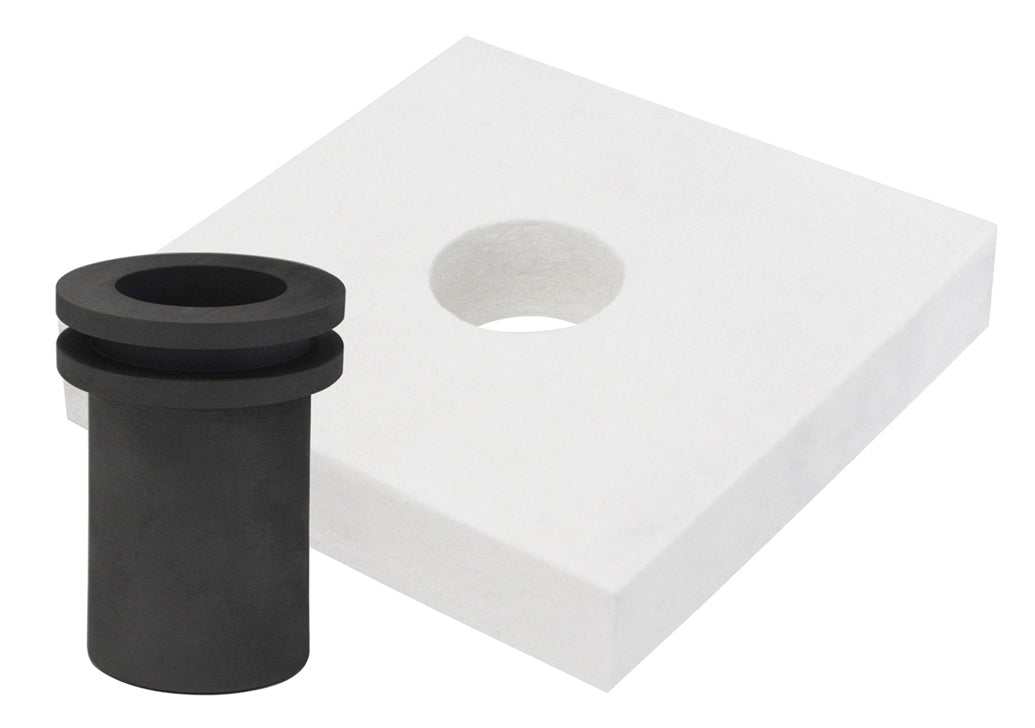 30 Oz TableTop QuikMelt Deluxe Topper Kit with flange and graphite crucible on desktop for gold melting