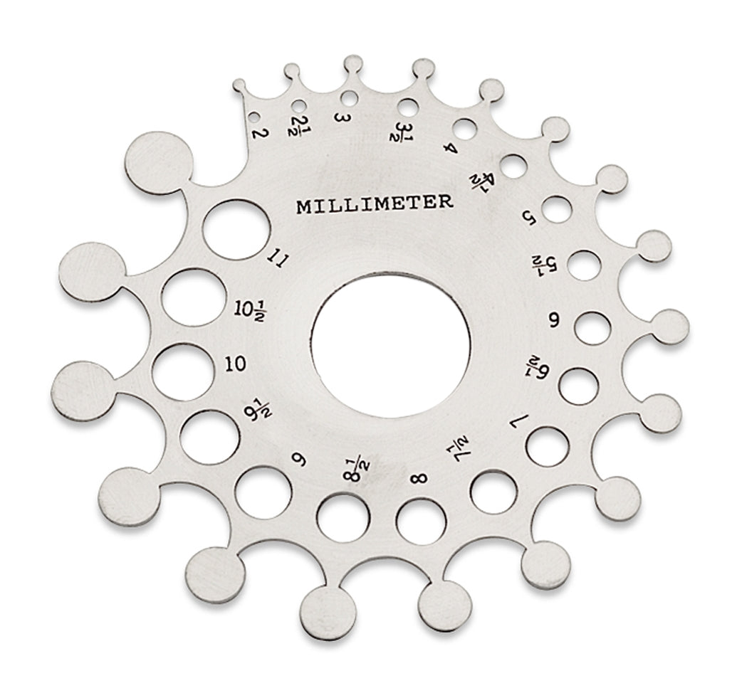Baker Diamond and Gemstone Gauge with dual-sided carat and millimeter measurement holes for precise stone sizing