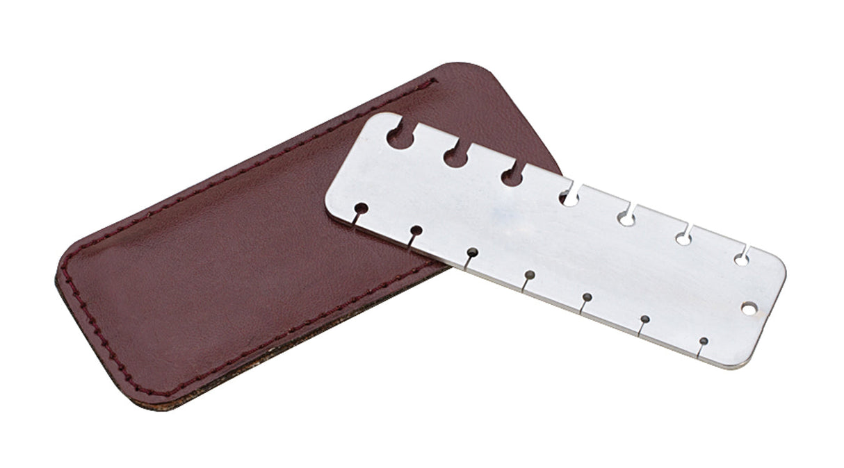 Compact stainless steel Pocket-Sized Wire Gauge with leather protective case for measuring wire thicknesses 34 to 8 gauges in mm and inches