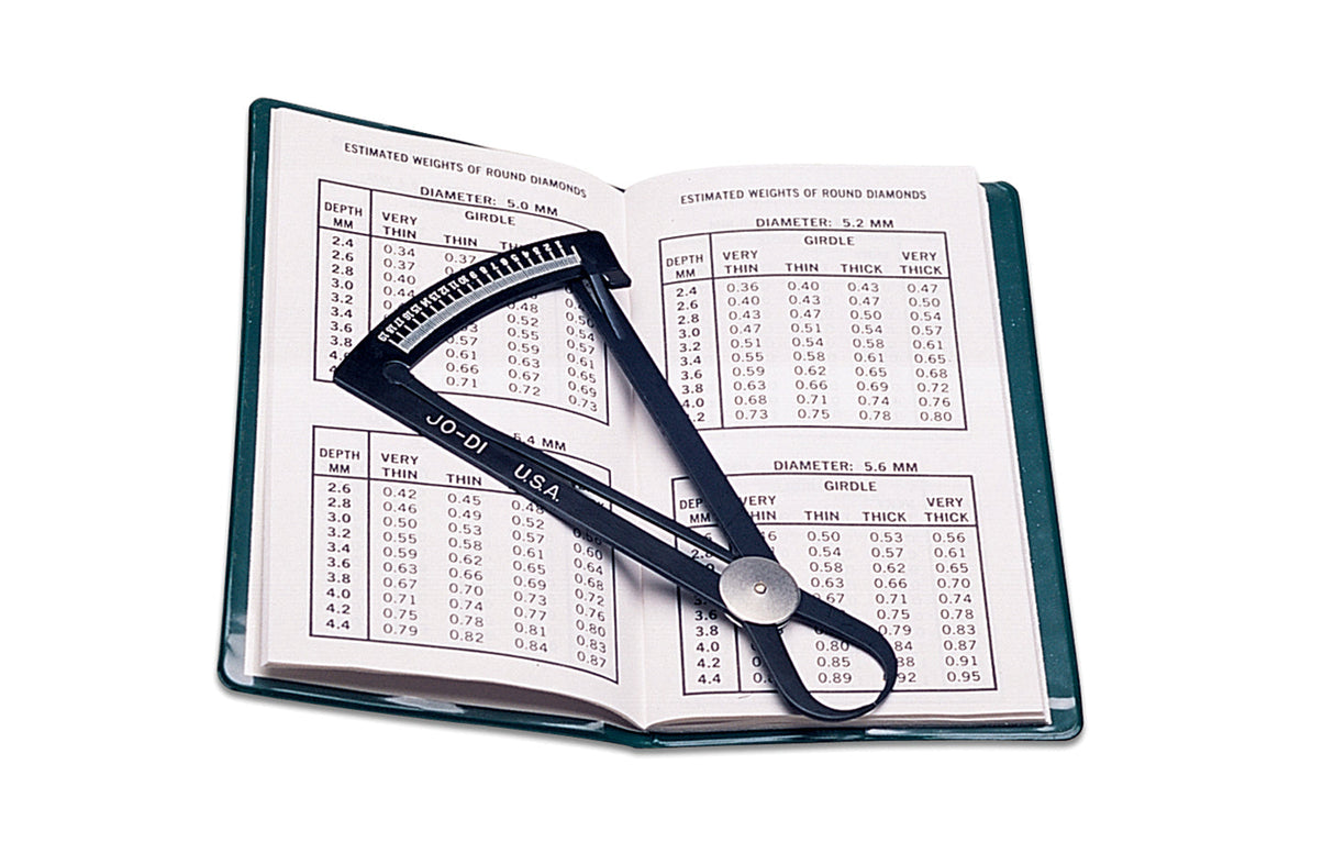 Jo-Di Gauge and Conversion Booklet for precise diamond weight estimation with anodized black aluminum gauge and conversion tables