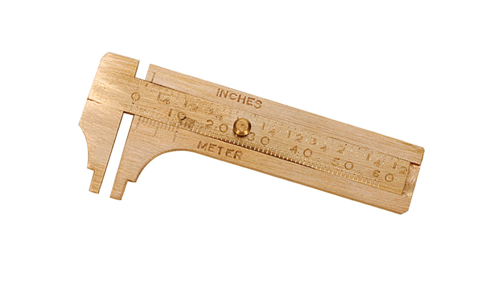 60 mm Economy German pocket sliding brass gauge with dual inch and millimeter scales and notched jaws for precise inside and outside measurements