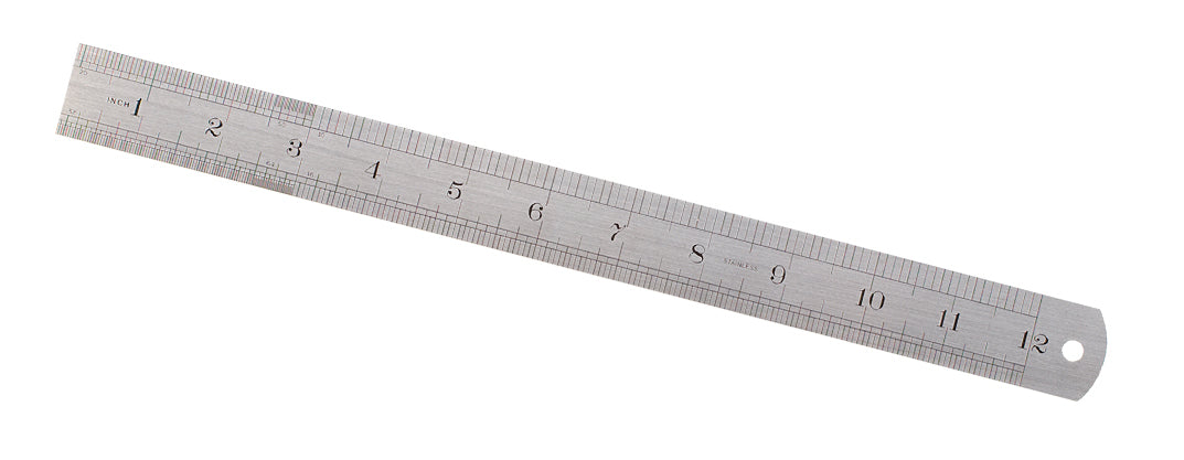 12-inch steel measuring ruler with dual-scale inches and millimeters, durable construction, and hanging hole
