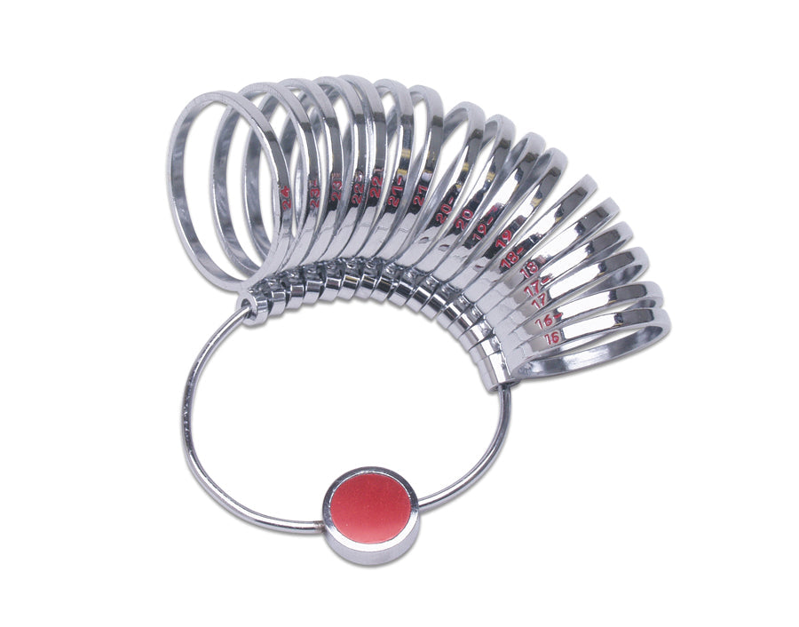 Jumbo Finger Gauge ring sizer tool with sizes 16-24 and red numbered nickel-plated brass rings