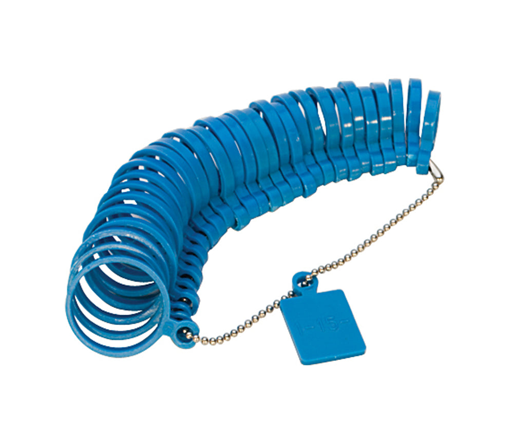 Blue plastic finger gauge with ring sizes 1 to 15 on a metal chain for accurate ring measurement
