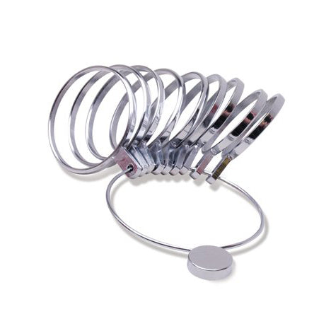 Medium bangle bracelet measuring tool with nickel-plated heavy metal gauges for sizes 10-18 and 19-27 on a secure ring