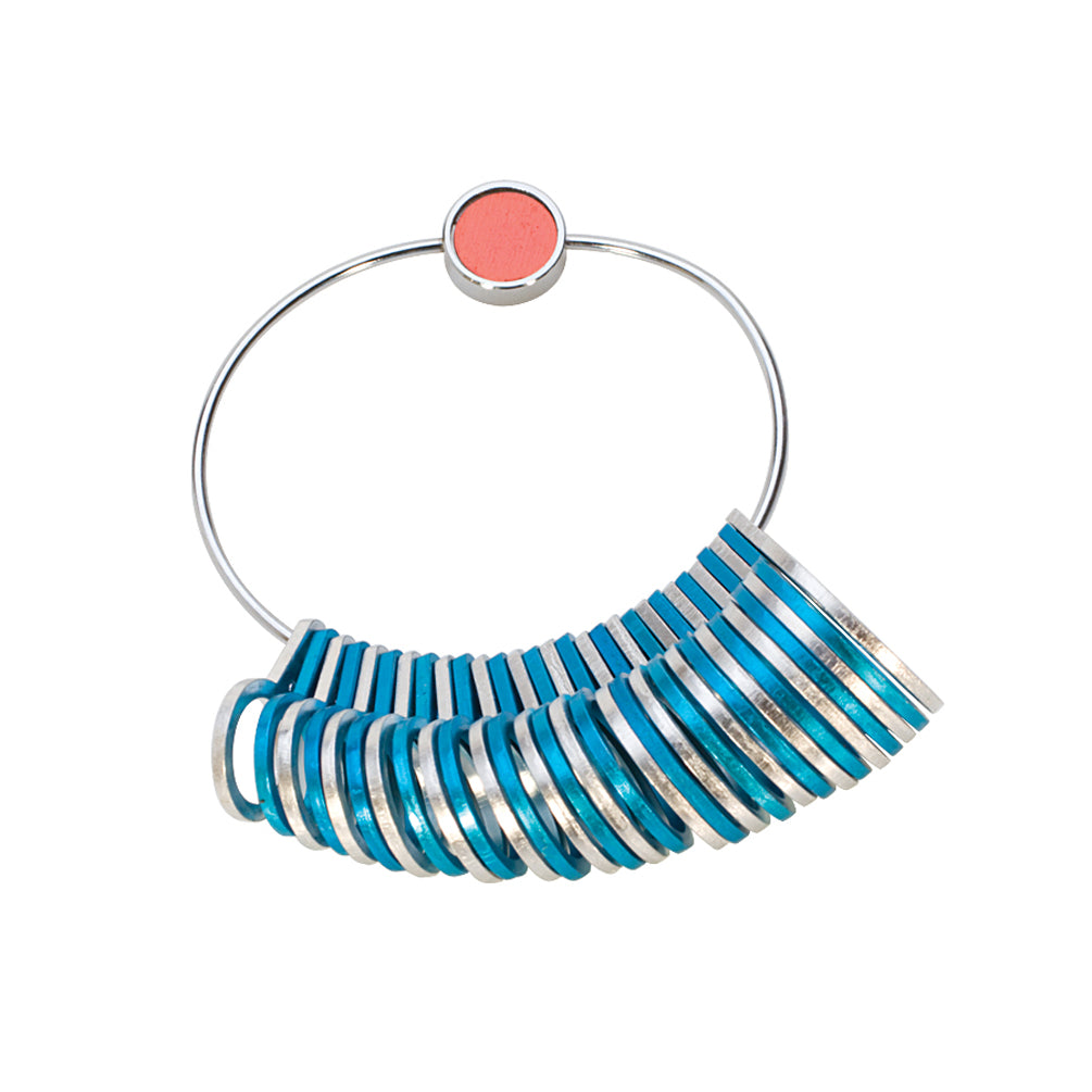 Silver and Blue Aluminum Ring Sizer measuring sizes 1-15 with half-size markings