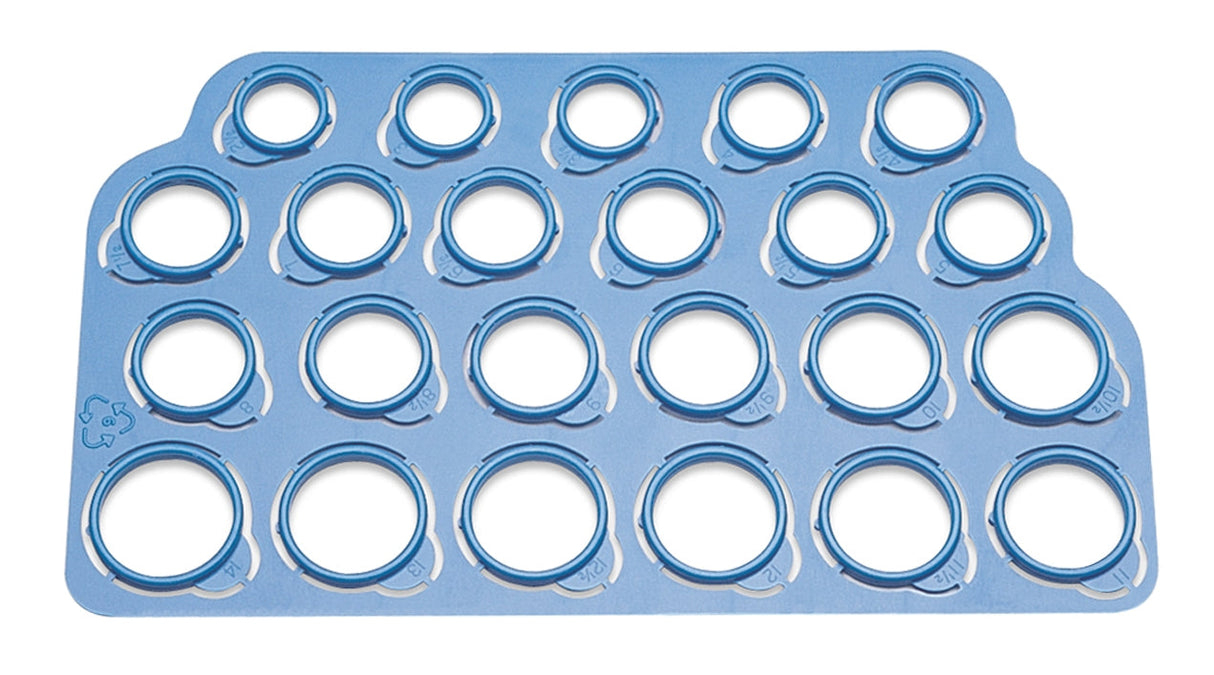 Light blue plastic Pop-Out Ring Sizer with removable half-size rings from 2-1/2 to 14 for accurate ring measurement.