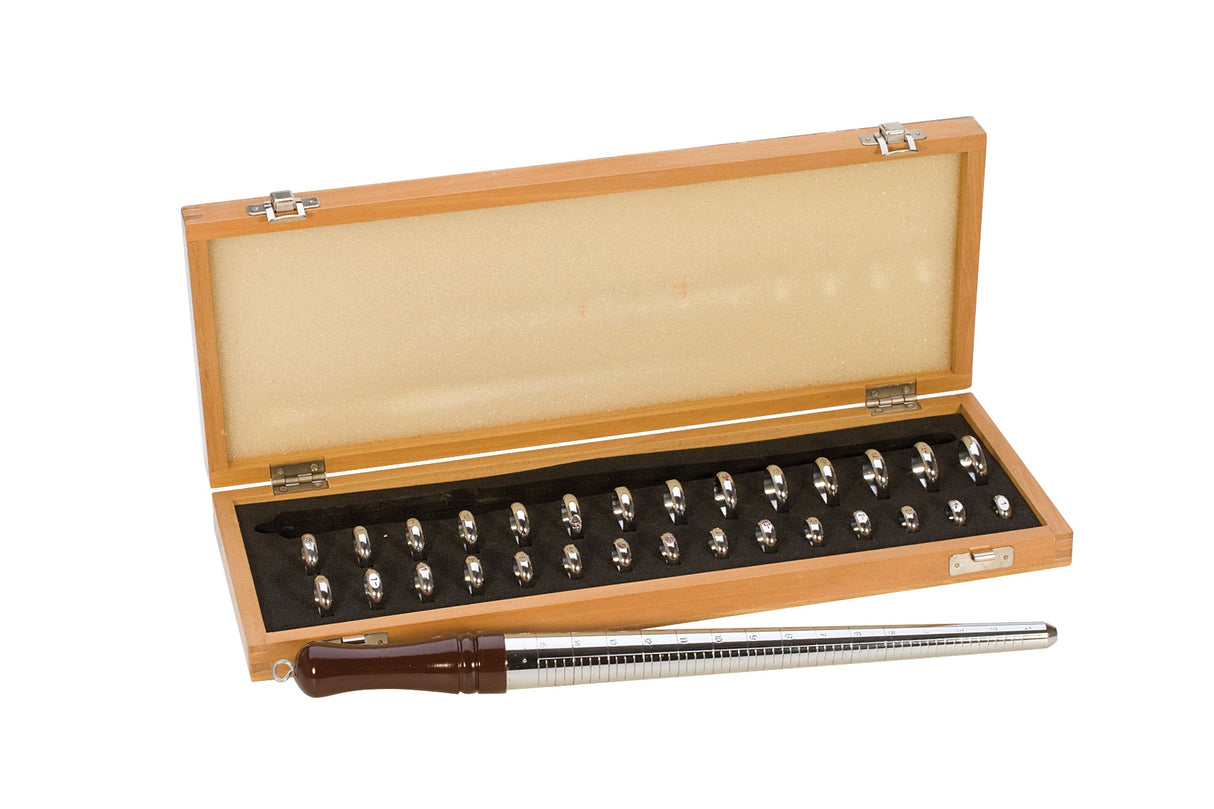 Metal ring sizer set with sizes 1-15 in wooden box and measuring tool