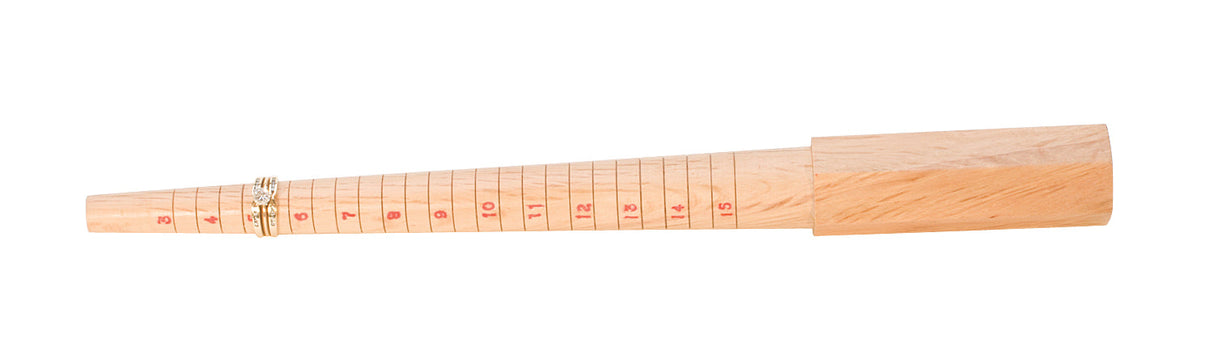 Wooden ring measuring stick with sizes 3 to 15 marked, ideal for jewelry sizing and display