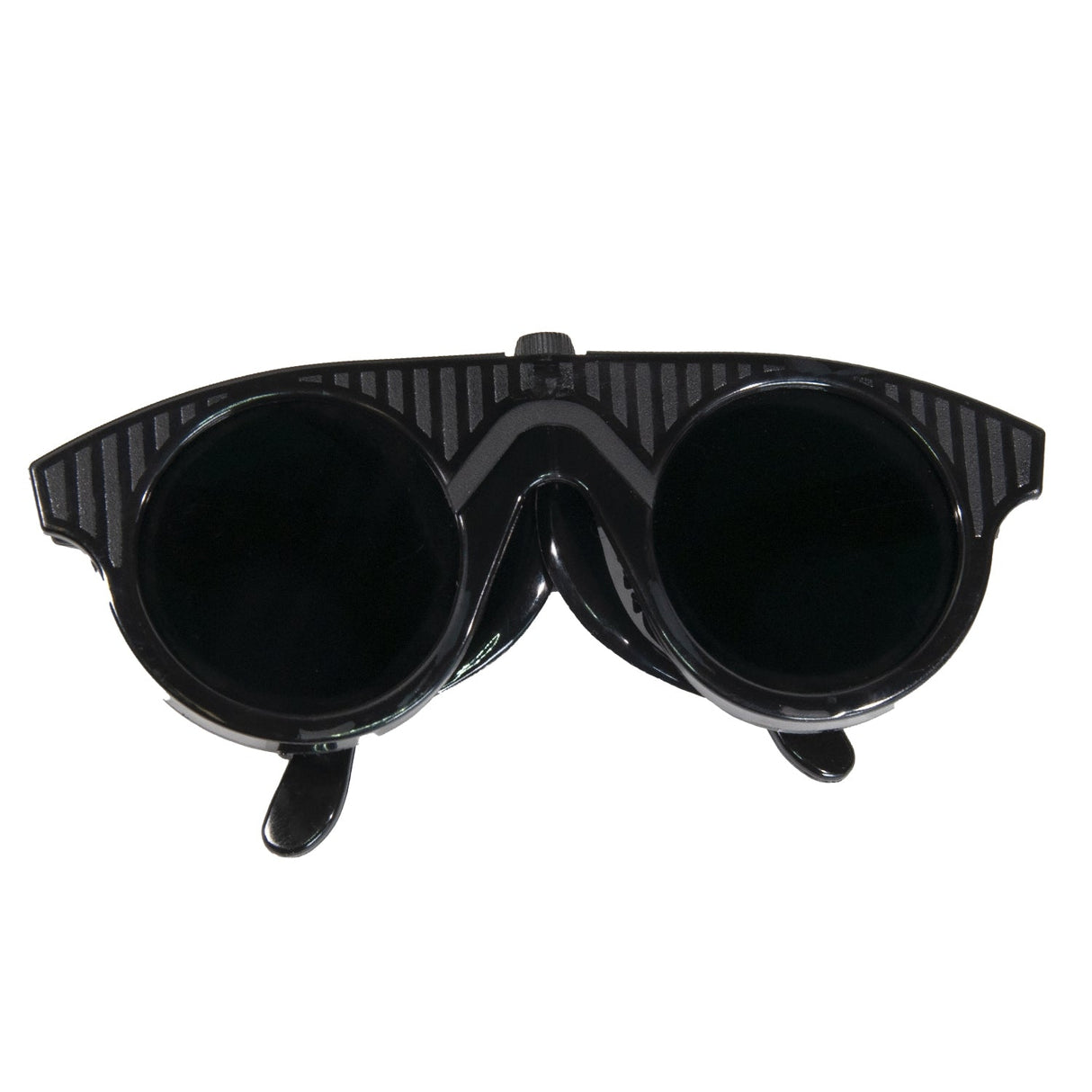 #7 shade platinum welding glasses with wrap-around black frame and adjustable ear pieces made in Germany