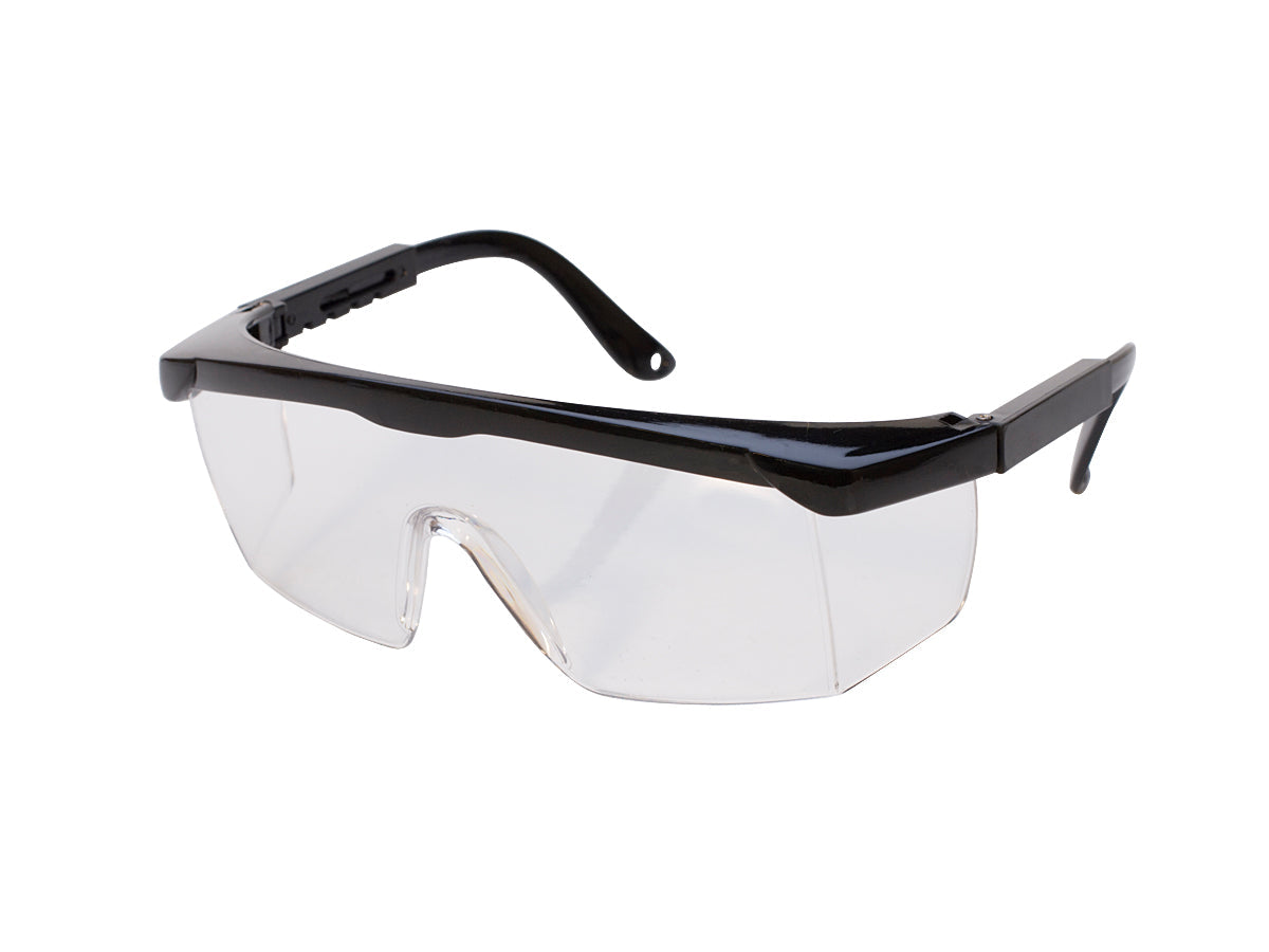 Clear safety glasses with impact-resistant polycarbonate lenses and adjustable black frame