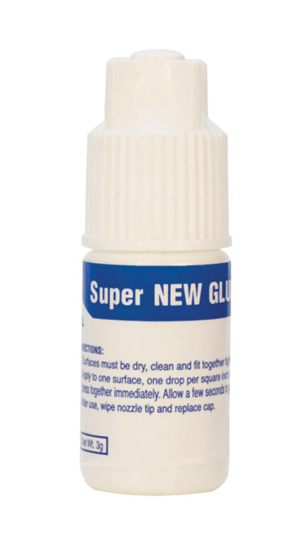 Small 3-gram bottle of Super New Glue with blue label and white cap for strong adhesive bonding