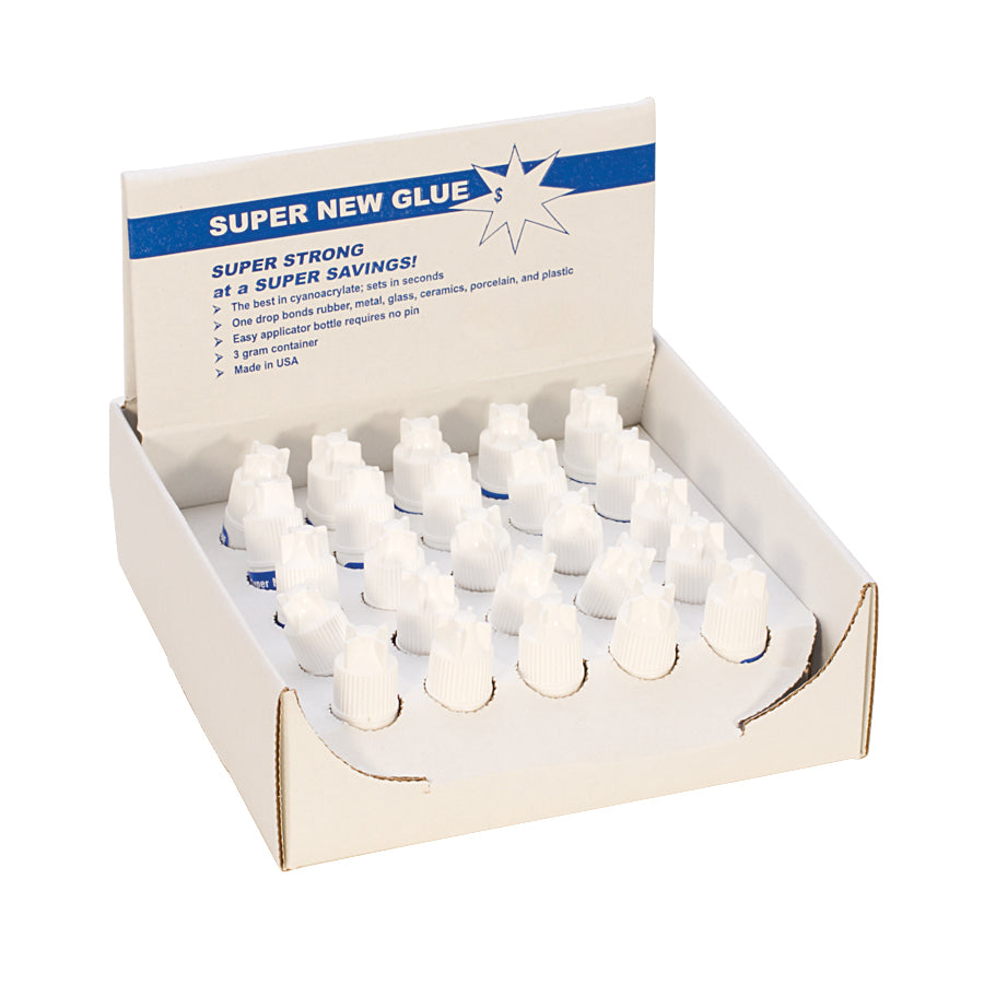 display case with 25 small 3-gram bottles of Super New Glue for fast and strong bonding