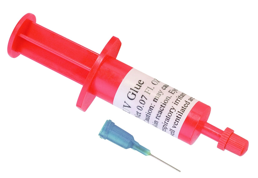 UV glue with tip in red syringe tube with precision applicator needle for clear, controlled bonding.
