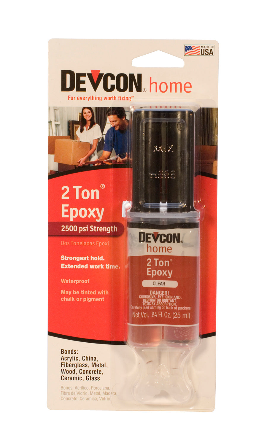 Devcon 2-Ton Epoxy in 1 oz syringe for strong, chemical-resistant bonding on metal, ceramic, glass, wood, and plastics.