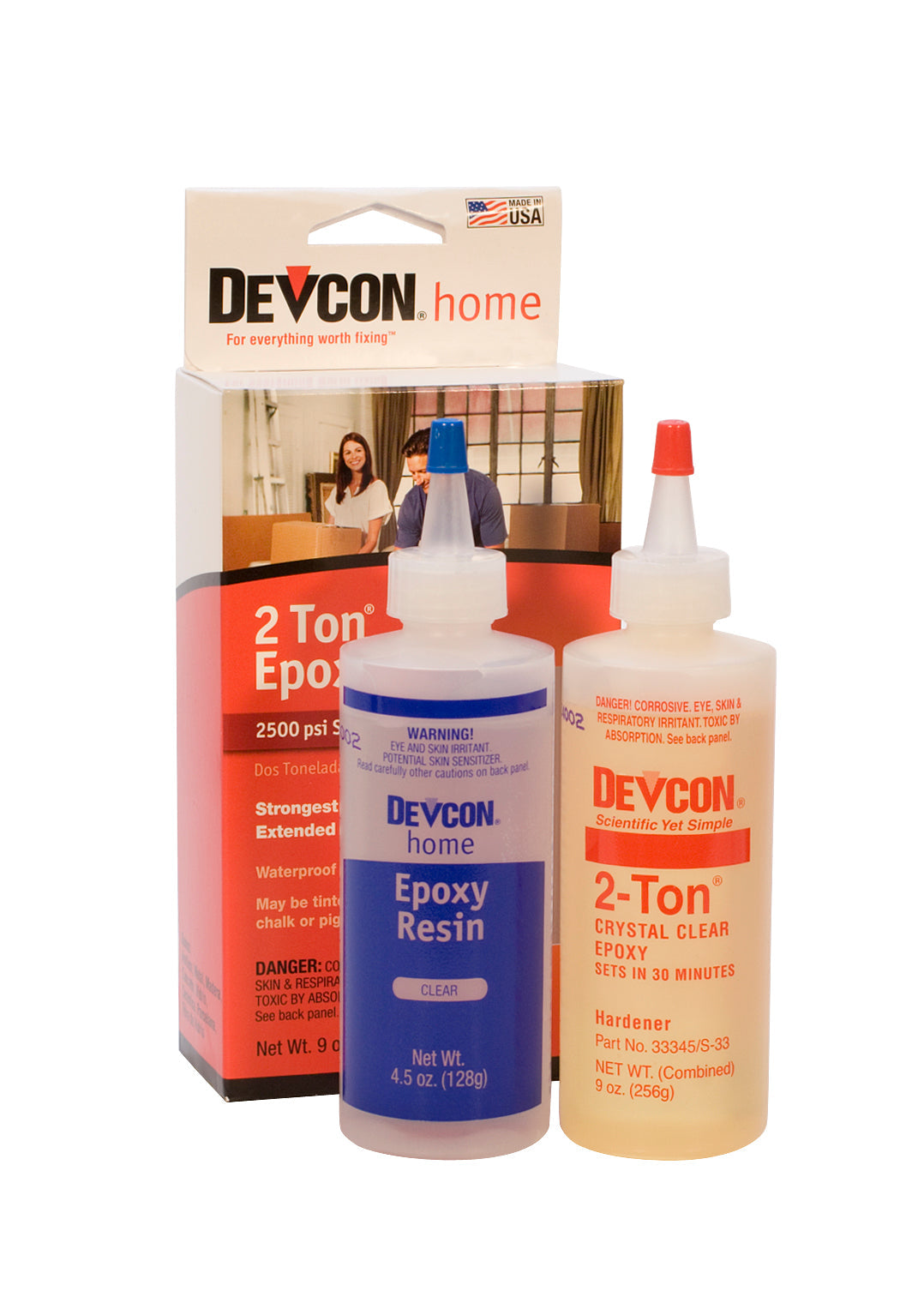 Devcon 2-Ton Epoxy two-bottle system with clear epoxy resin and hardener for strong, chemical-resistant bonding and versatile repairs