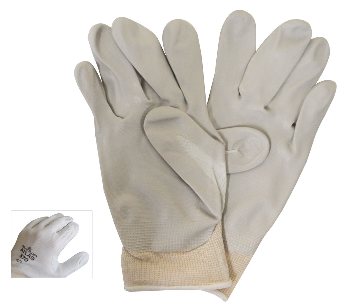 Large Atlas Super Grip Gloves with nitrile-coated palm for secure grip and puncture resistance, breathable woven back, designed for jewelry handling and precision tasks.