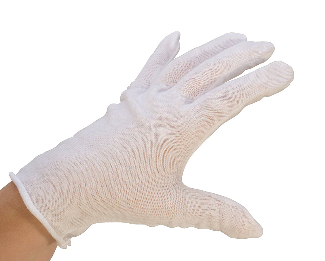 Small cotton glove on hand for protecting jewelry and delicate items from fingerprints and tarnish