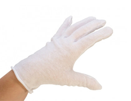 Large cotton glove on hand, lint-free and lightweight protective wear