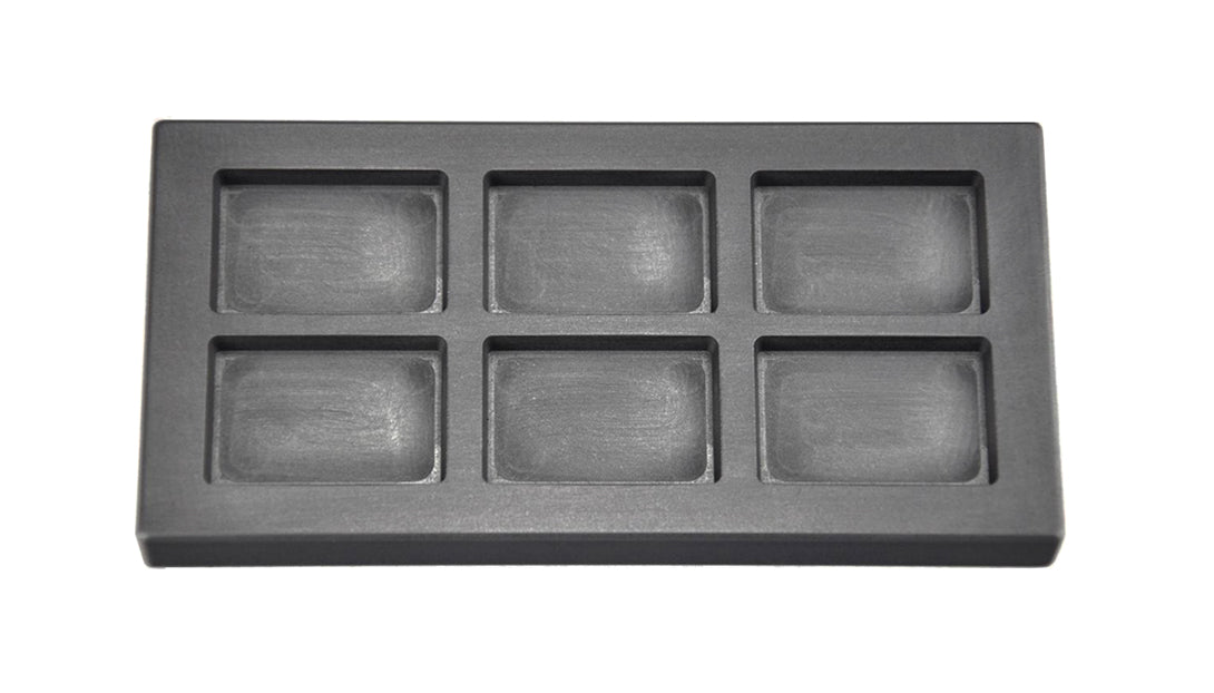 2 Troy Ounce Multi Cavity graphite ingot mold with six rectangular cavities for gold casting
