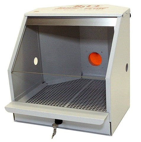 Arbe Hood benchtop polishing cabinet with metal wire-mesh partition, lockable sliding drawer, and clear acrylic shield for secure gold grinding and debris collection