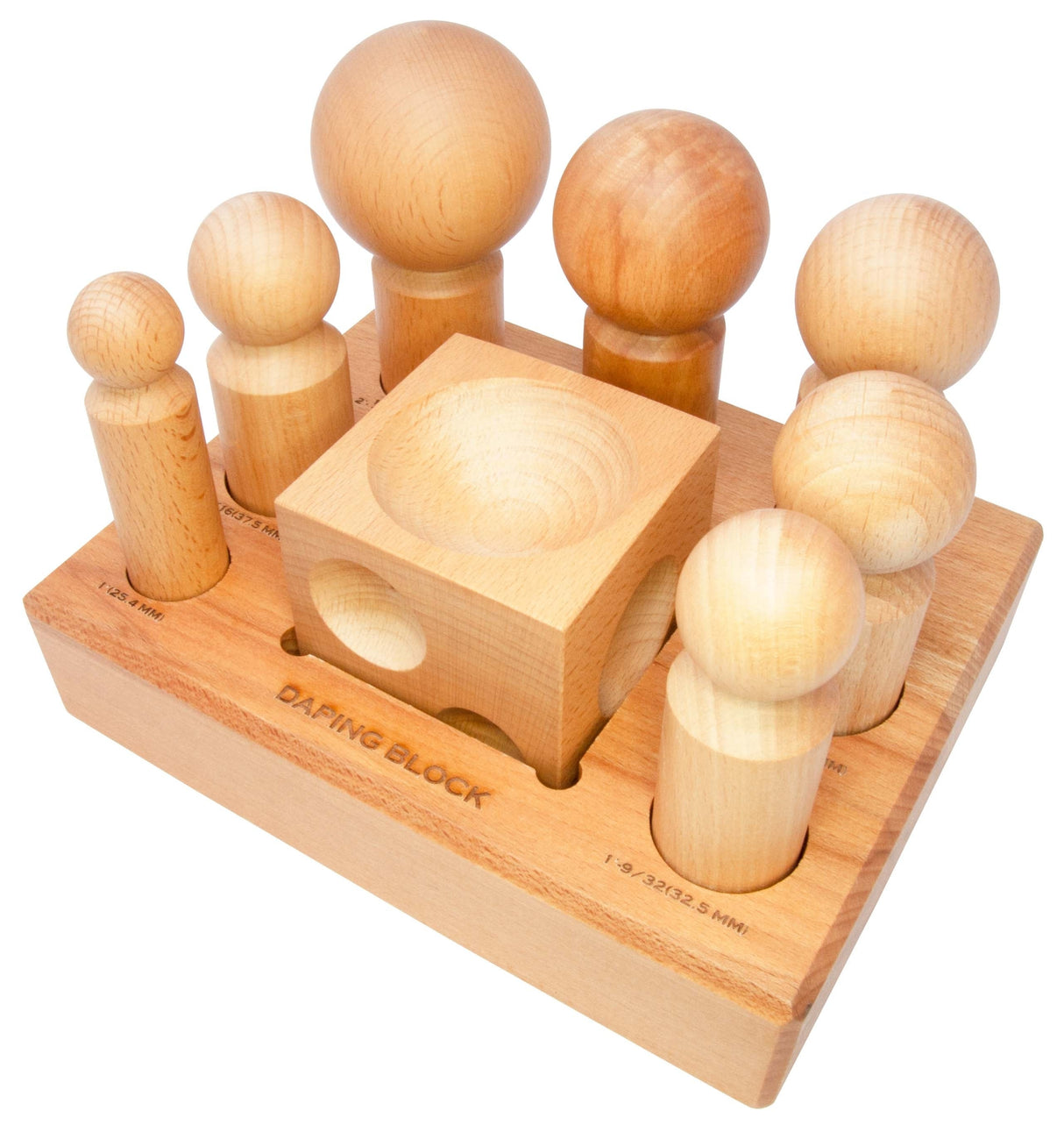 Wooden Dapping Punch and Block Set of 8 on wooden base for jewelry making and metal shaping