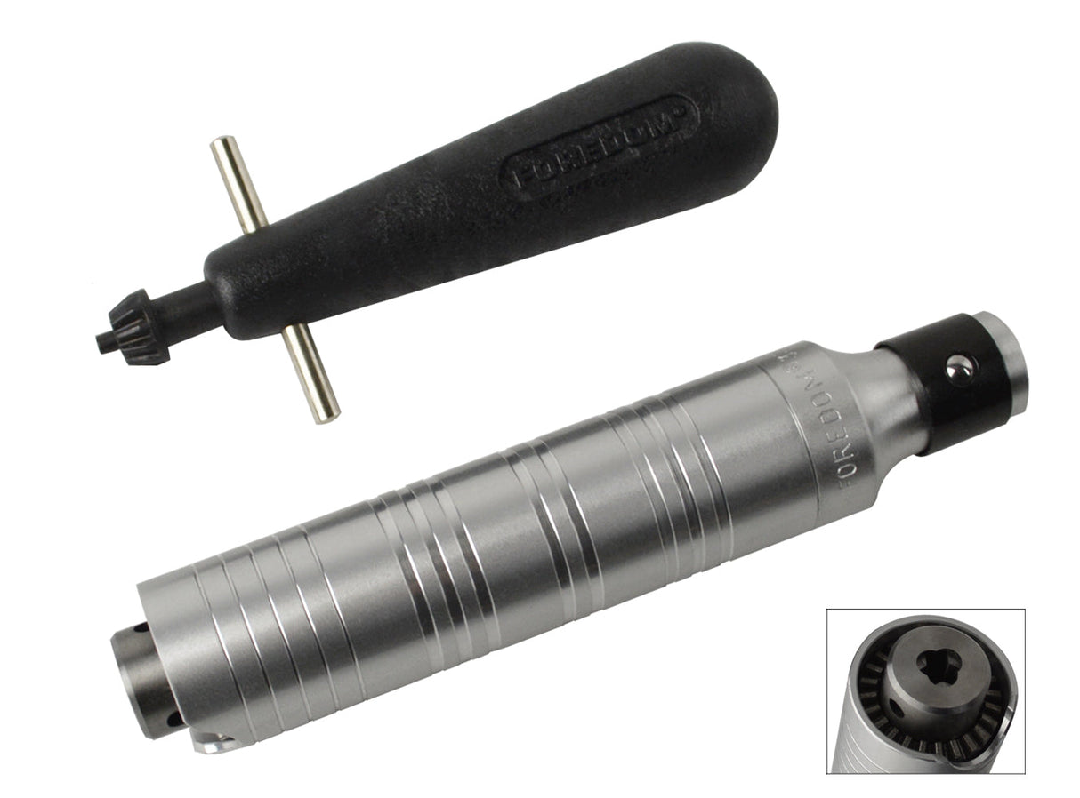 Silver Foredom Handpiece H.30 with 0 to 5/32" chuck and key wrench for finishing, grinding, and polishing tasks
