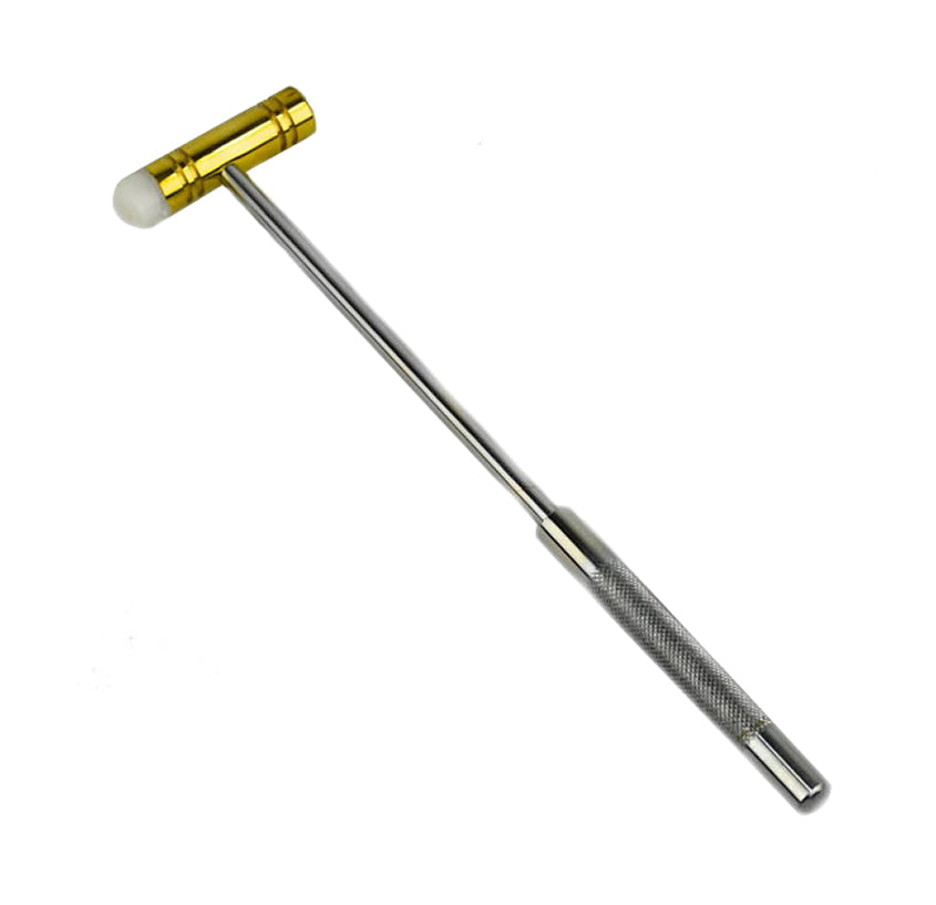 9-inch dual-sided nylon and brass hammer with polished steel handle for precise woodworking and metalworking tasks