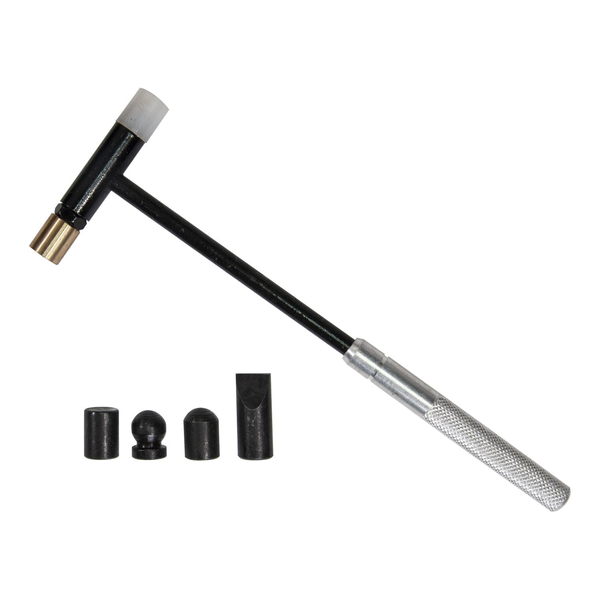 7-1/2 inch 6-in-1 interchangeable jewelry hammer with six screw-on heads and machined steel handle