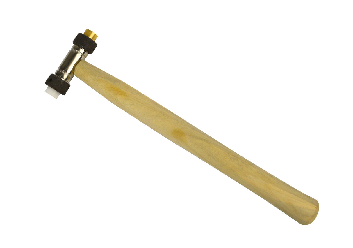 9-1/2" hammer with replaceable brass and nylon fiber heads and hardwood handle for precision work