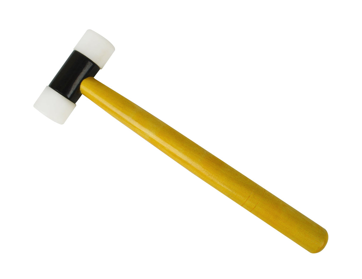 Nylon hammer with dual 1-1/4" nylon faces and wooden handle for non-marring shaping and forming tasks