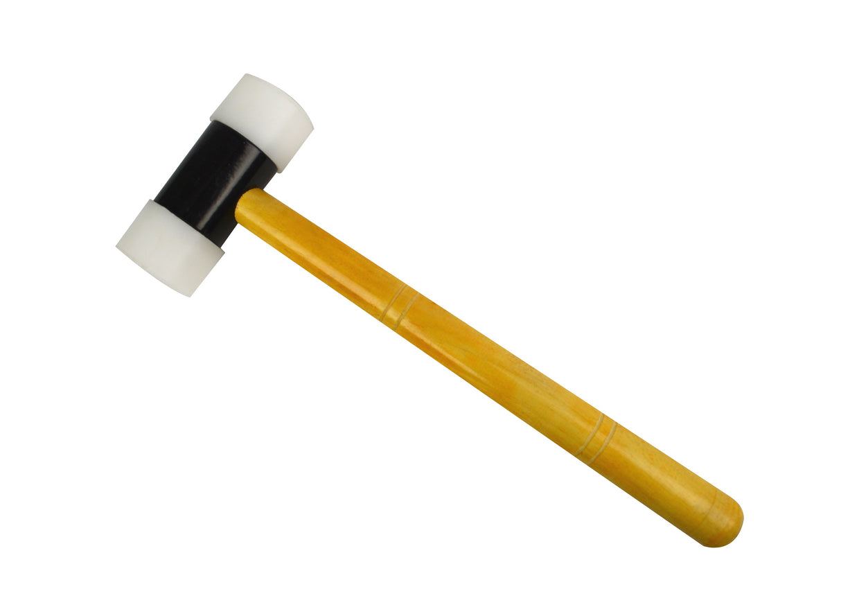 Nylon hammer with wooden handle and dual white nylon heads for jewelry and metal shaping