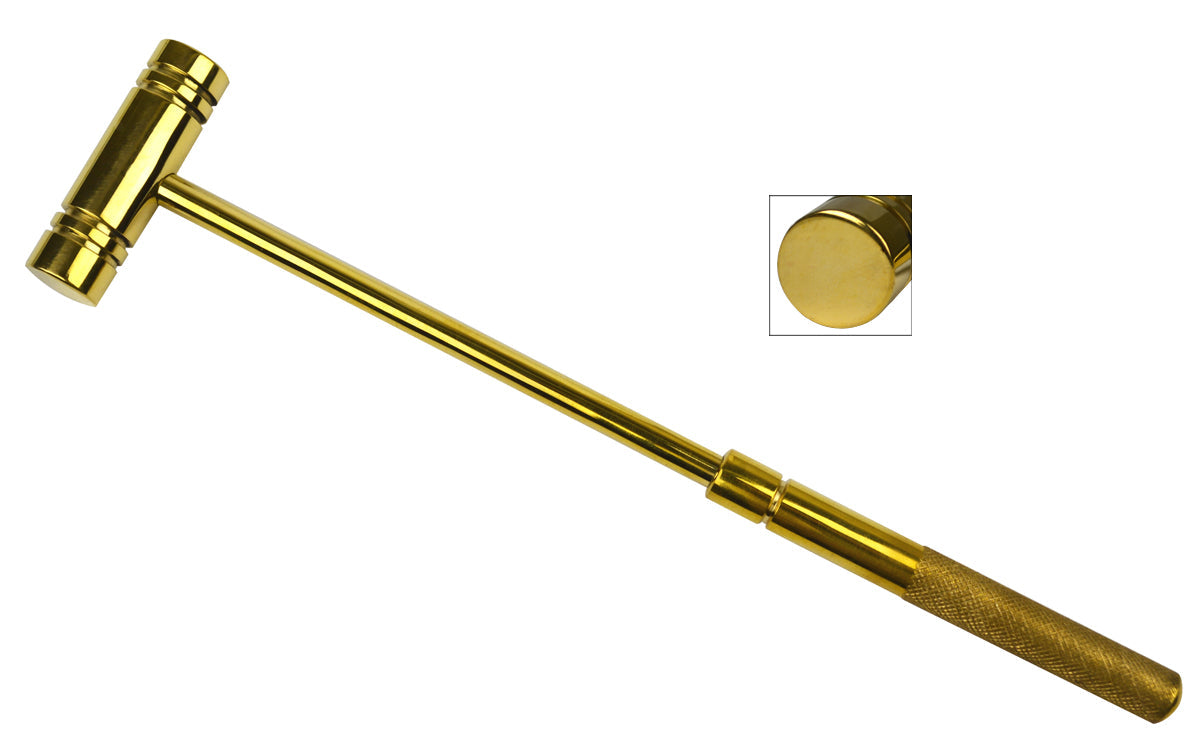 9-inch all-brass hammer with smooth round faces and knurled grip for jewelry making and metal shaping
