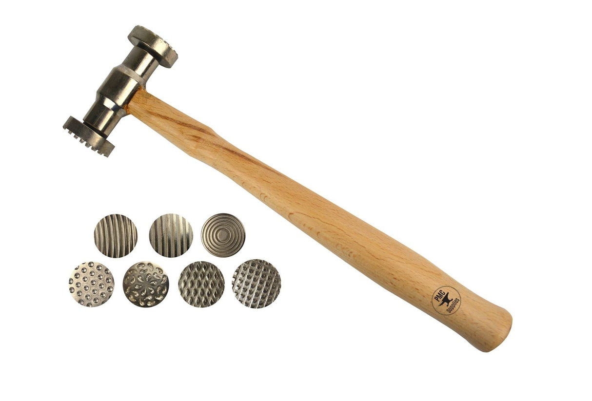 Texturing pattern hammer with wooden handle and seven interchangeable metal faces for jewelry and metalwork textures