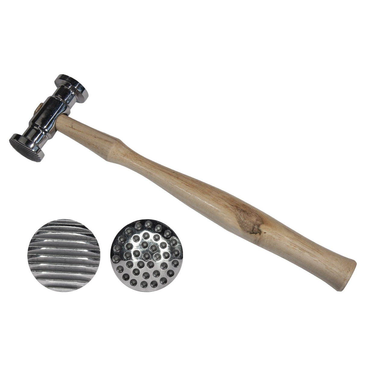 10-inch texturing hammer with hardwood handle, round dimples, and narrow pinstripes for metal surface finishing