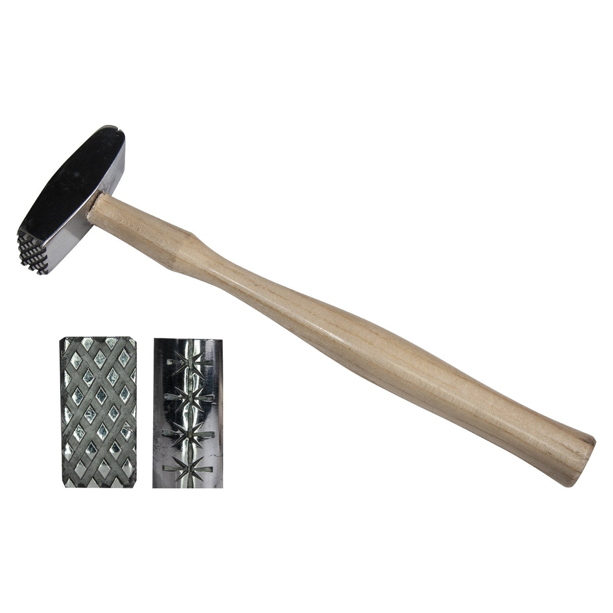 10-1/2" 11 oz texturing hammer with hardwood handle and crosshatch stars and diamond pattern head for metalworking