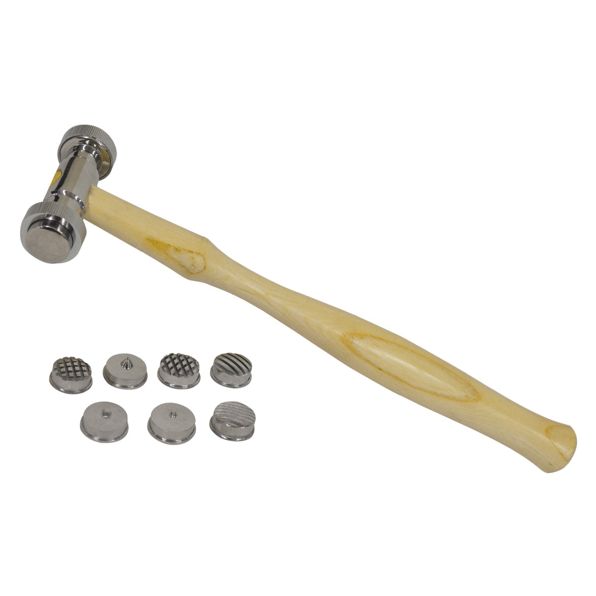9-in-1 Interchangeable Face Texturing Hammer with hardwood handle and nine metal texture heads for detailed metalwork