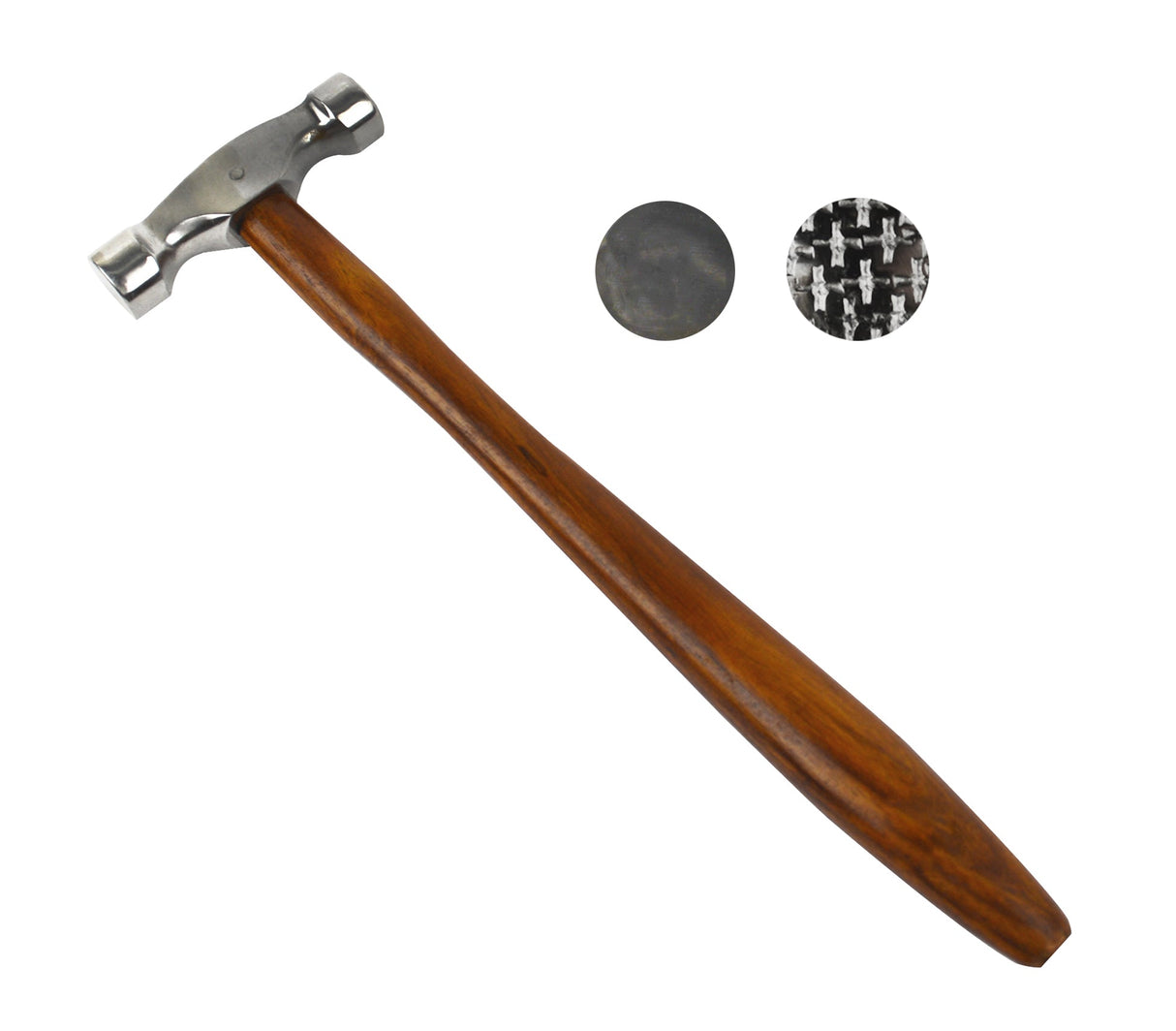 9-1/4" Mini Designer Texturing Hammer with polished steel head and wooden handle, featuring smooth and textured faces for metalworking and jewelry making.