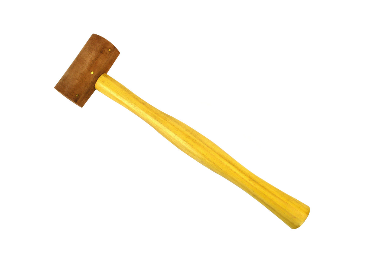 1-1/2 inch natural rawhide hammer with leather mallet head and wooden handle for non-marring metalwork and jewelry crafting